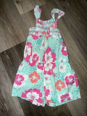 healthtex Aqua Floral Smocked Sundress Romper with Pink & Coral Flowers